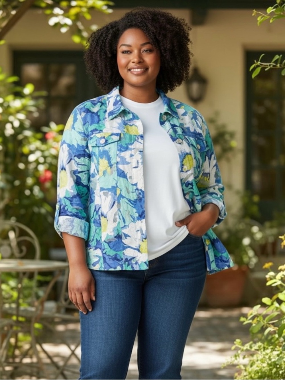 Ruby Rd Favorites Linen Blend Floral Roll-Tab Sleeves Burnout Shirt Jacket Sz 14